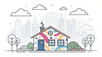 Wall Mural - cute house doodle art illustration with city landscape background