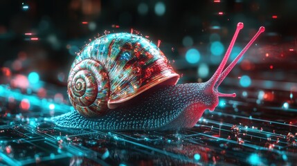 Wall Mural - A futuristic snail moving across a digital circuit board, vibrant colors and glowing particles surrounding it.