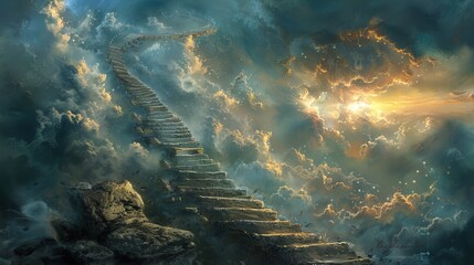 Wall Mural - A fantastical landscape featuring a winding staircase ascending through a mystical cloudscape. The staircase, made of weathered stone, leads upward towards vibrant golden rays of light breaking throug