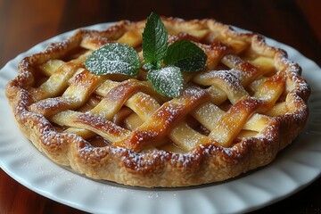 Wall Mural - perfectly goldenbrown homemade apple pie with lattice crust and cinnamonspiced filling garnished with fresh mint leaves and powdered sugar dusting