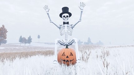 Wall Mural - A happy skeleton in a top hat sits atop a jack-o'-lantern pumpkin in a snowy field.