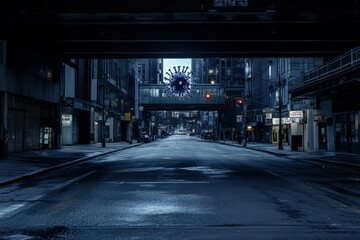 Poster - Empty urban street at night with symbolic virus motif hanging over the scene. Generative AI