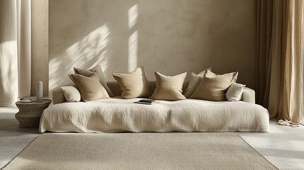 Wall Mural - Minimalist beige sofa with cushions in a modern living room.