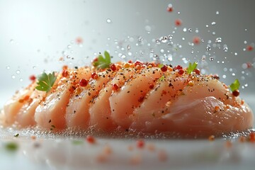 Wall Mural - raw chicken fillet in motion falling through air with detailed texture and full depth of field isolated on white background