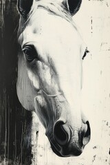 Wall Mural - Portrait of a white dressage horse on a light background. Close-up of a white horse's face on the background