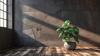 Wall Mural - This stock photo features a presentation background with a wooden floor, a soft black wall, and a captivating glare from a window