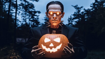 Sticker - A sinister figure, dressed in a dark suit, holds a glowing carved pumpkin, set against a backdrop of a dark forest.