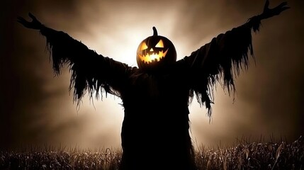 Sticker - A sinister scarecrow with a pumpkin head, arms outstretched, against a dramatic twilight background.