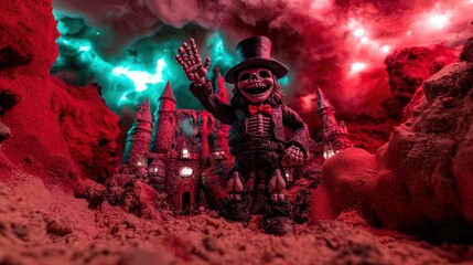 Sticker - A skeletal figure in top hat waves in front of a spooky, miniature castle in a red sand landscape, lit by vibrant, dramatic lighting effects.