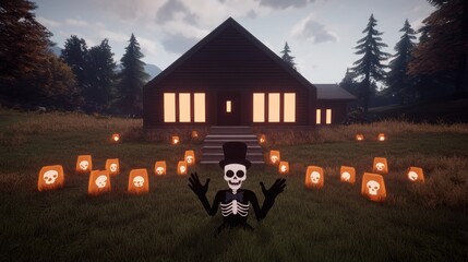 Sticker - A skeleton in a top hat sits in a grassy yard in front of a dark wooden house, surrounded by jack-o'-lantern-like paper lanterns and glowing with an eerie Halloween ambiance.