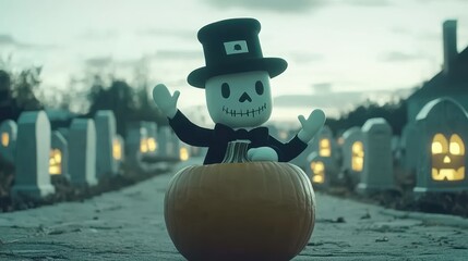 Wall Mural - A small, cartoonish skeleton character in a top hat sits in a pumpkin, waving, in a graveyard at twilight.