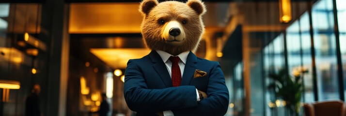 Leinwandbilder - Business bear in formal suit stands confidently in modern office setting with sleek design and warm lighting. Generative AI