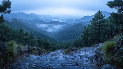 Canvas Print - Misty mountain path at dawn.