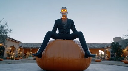 Sticker - A stylized figure, seemingly robotic or supernatural, dressed in a suit, sits atop a large pumpkin outdoors.