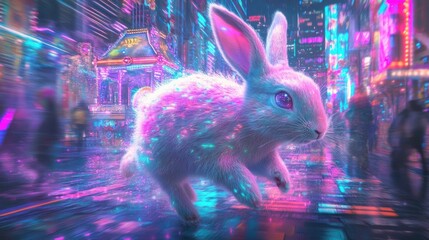 Wall Mural - A stylized, fluffy,  pink rabbit runs through a vibrant, neon-lit city at night.