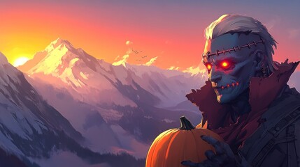 Sticker - A stylized, undead figure holds a pumpkin at sunset over snow-capped mountains.