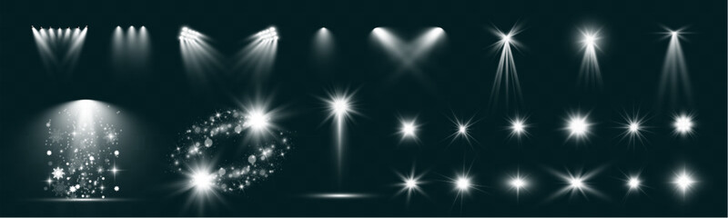 Wall Mural - set of glowing vector light effects on dark background, including spotlights, sparkles, halos, and g