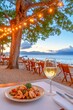 © milanchikov - Deliciosos camarones a la parrilla servidos en un ambiente relajado junto al mar al atardecer
