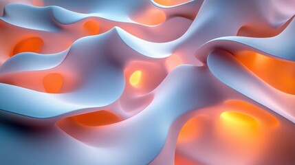 Wall Mural - abstract white flowing curves with orange light.