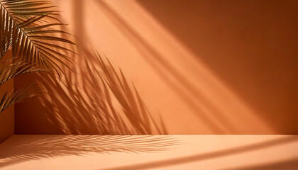 Wall Mural - abstract studio mocha background for product presentation. empty room with shadows of window, flower