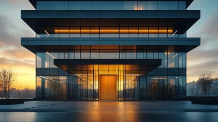 Wall Mural - Modern glass skyscraper entrance at sunset.