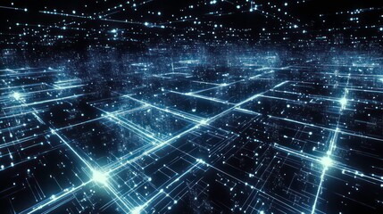 Fototapete - Abstract digital network grid glowing in dark space.