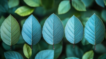 Wall Mural - Five leaves showing color transition from green to blue against a blurred green leaf background.