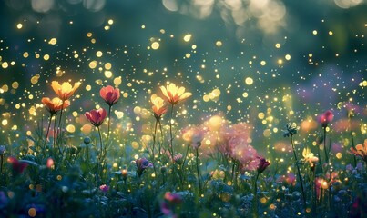 Wall Mural - A lush meadow dotted with colorful blooms bathed in soft glow of luminescent flowers and illuminated by a sprinkling of fireflies