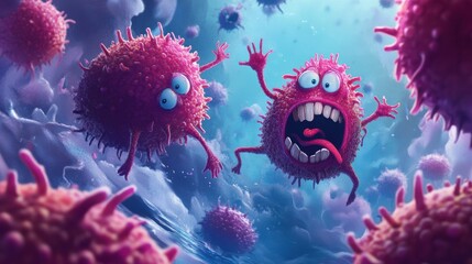 Aufkleber - Cartoon bacteria engage in a playful battle against antibodies in a vibrant undersea world. Generative AI