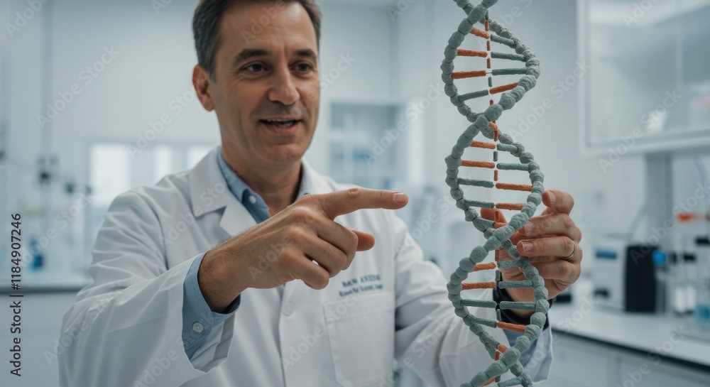 Scientist examining dna model in modern laboratory environment Stock ...