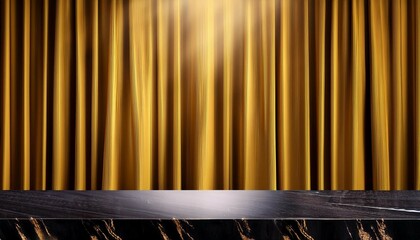 Canvas Print - luxury black marble table counter with golden yellow curtain in thin and thick vertical folds made of sackcloth fabric at background gold drape background with spotlight at center for advertising