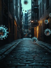 Poster - Empty urban street with virus motifs floating in the air creates a surreal atmosphere at twilight. Generative AI