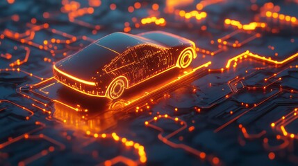 Aufkleber - Glowing electric car on a circuit board.