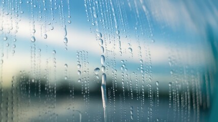 Close-up of water droplets on a glass surface, creating a serene and tranquil atmosphere with soft blue and green hues.