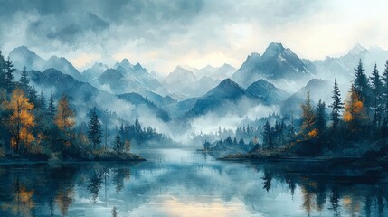 Wall Mural - Misty mountain lake scene.