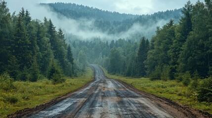 Poster - Misty road through forest. (1)