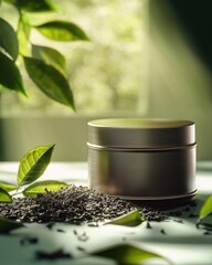 A sleek silver tin surrounded by green tea leaves and loose tea, immersed in soft natural light.