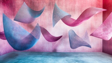 Wall Mural - Abstract shapes, vibrant colors, floating forms on a textured wall.