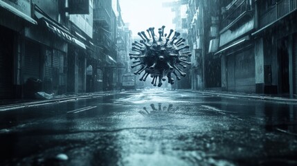 Poster - Empty urban street reflecting a symbolic virus motif during a rain soaked day. Generative AI