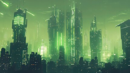 Poster - Futuristic city skyline at night, glowing green lights, skyscrapers, smog, digital art.