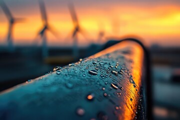 Poster - Water droplets on a railing at sunset, with blurred wind turbines in the background.