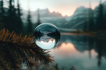 Wall Mural - Crystal ball reflecting a serene mountain lake sunset, creating a miniature world within.