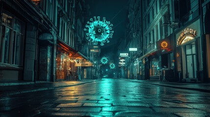Aufkleber - Empty urban street illuminated by eerie lights conveying a symbolic virus motif during the night. Generative AI