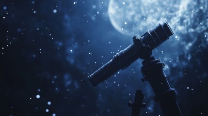 Wall Mural - a sleek telescope against a moonlit night sky filled with shimmering stars and soft snowflakes.