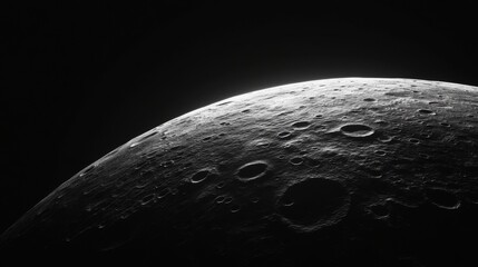 A close-up view of the moon's surface, highlighting its craters and rugged terrain against a black sky.