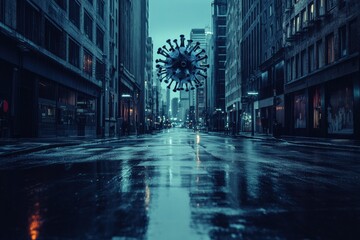 Poster - Symbolic virus motif hovers over an empty urban street during twilight hours revealing city stillness. Generative AI