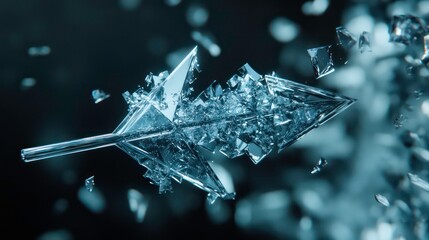 Poster - Shattered glass arrow in mid-air, frozen motion, dark background.