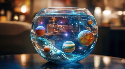 Wall Mural - Glass bowl with water, planets, and stars, on a dark table.