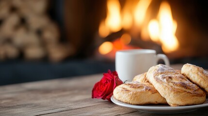 Poster - A plate of pastries and a cup of coffee on a table in front of a fireplace