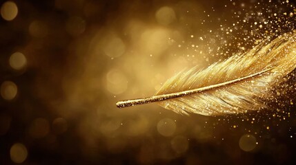 A golden feather on a black background